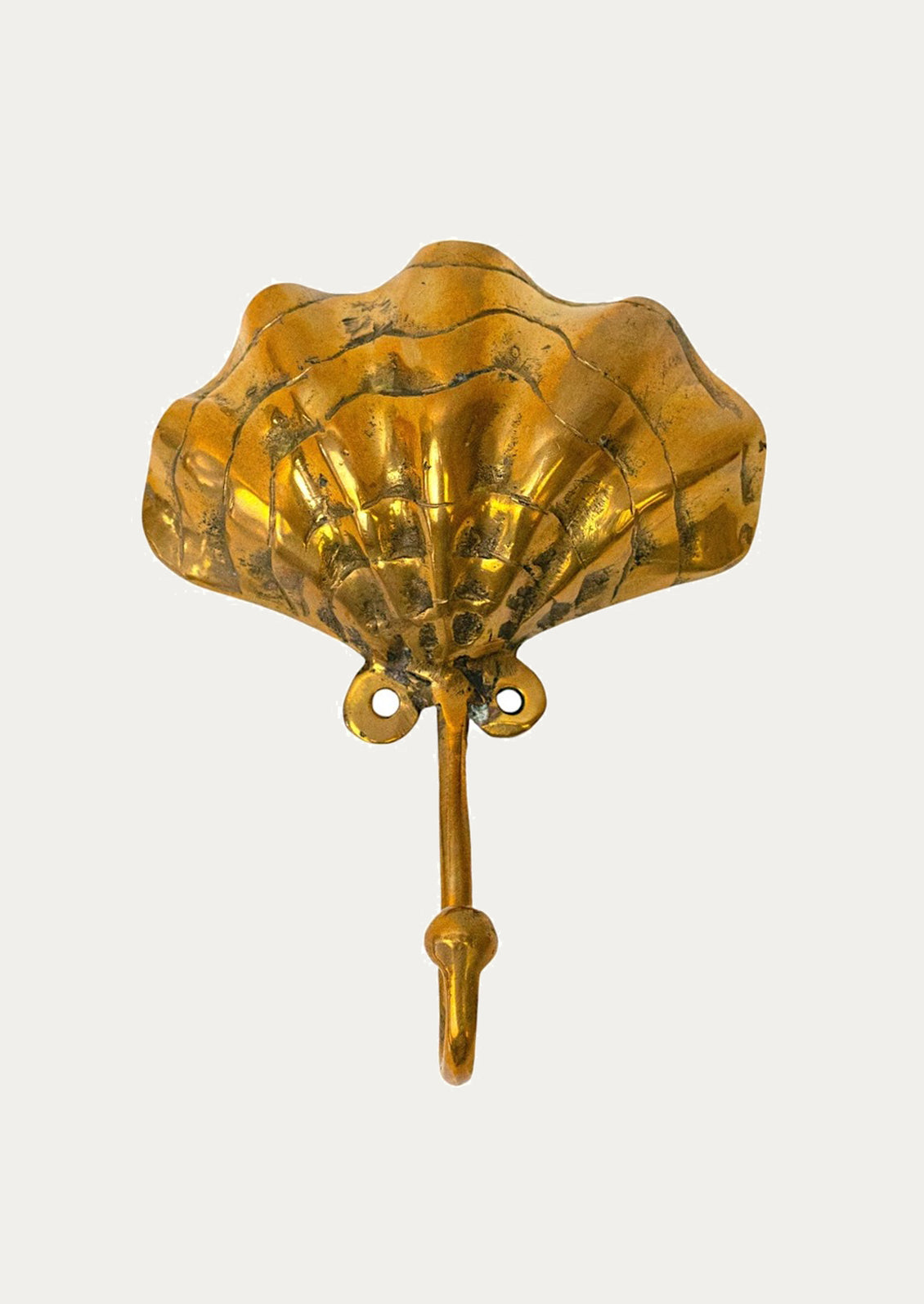Decorative brass shell-shaped hook on a white background