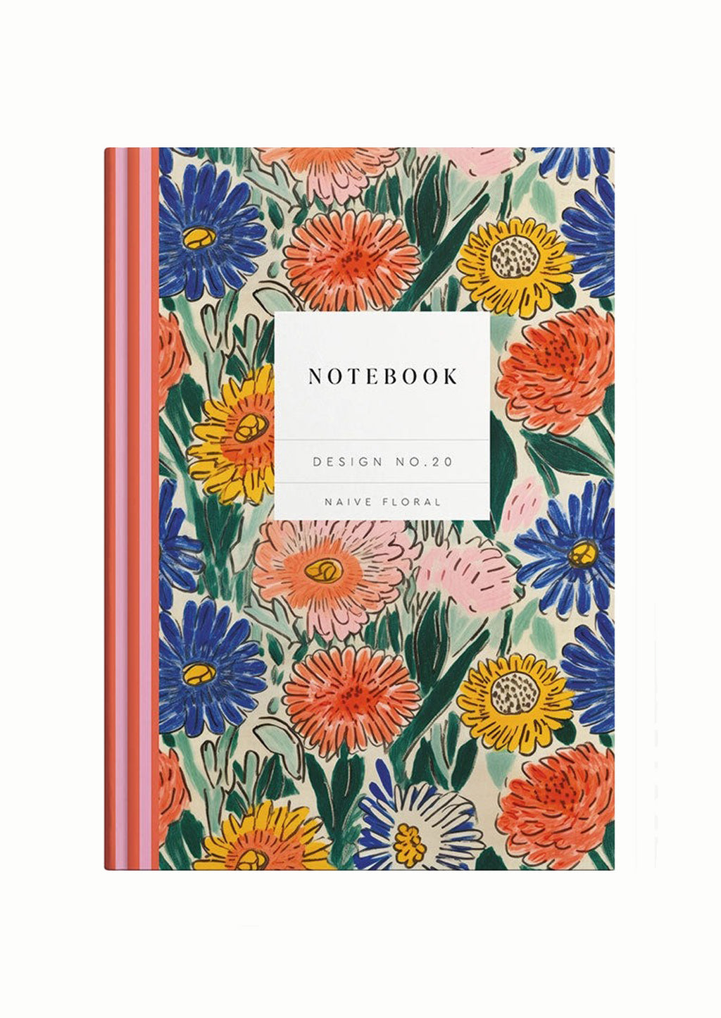 Naive Floral: A hardcover notebook with striped spine and floral print cover.