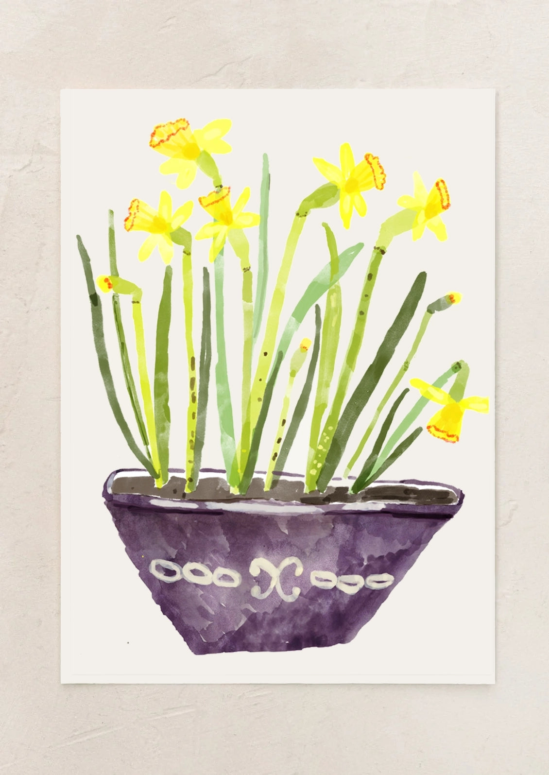 An art print depicting yellow daffodils in a bowl.