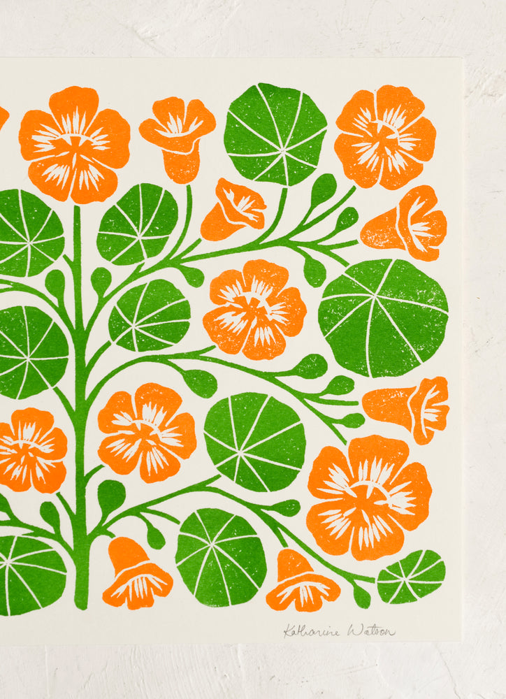 A woodblock print of orange nasturtiums.