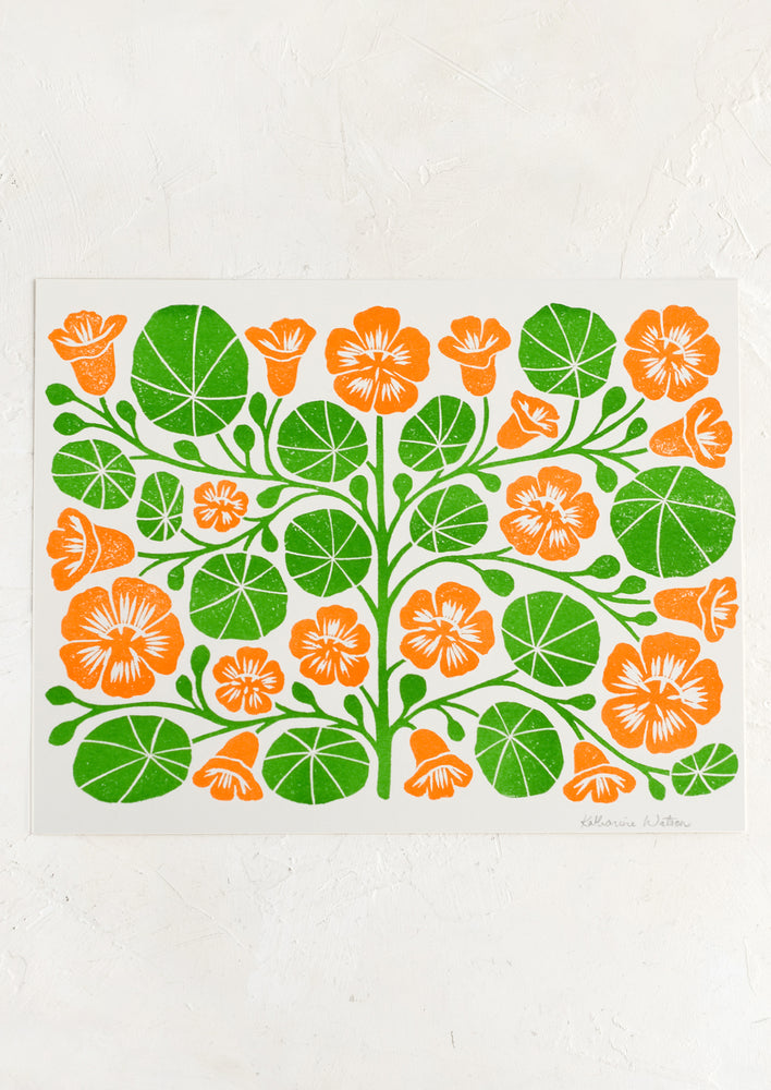 1: A woodblock print of orange nasturtiums.