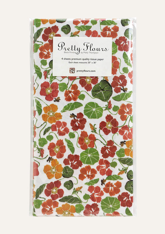 Tissue paper featuring a red and orange nasturtium flower pattern.