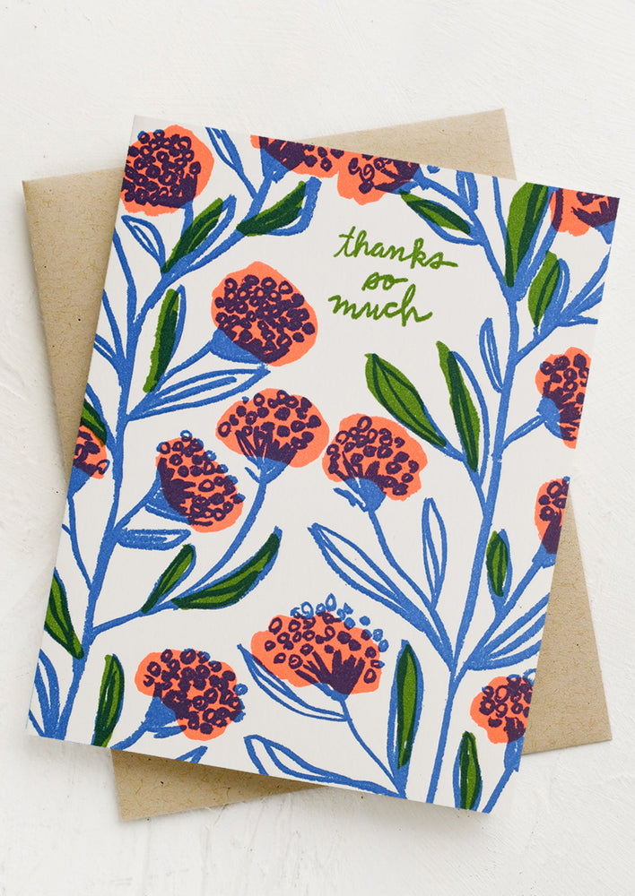 A neon floral print card reading "thanks so much".