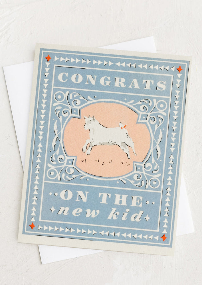 A goat print card reading "Congrats on the new kid".