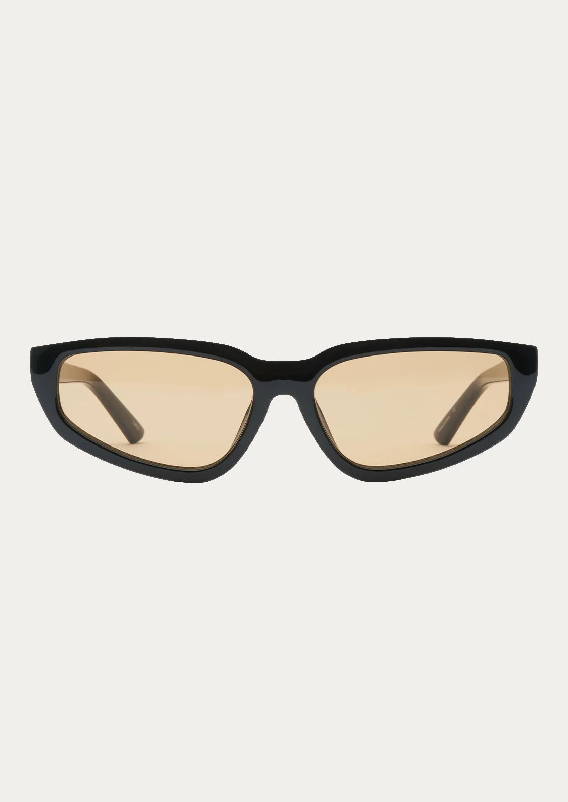 A pair of angular cat eye sunglasses with a black frame and light brown lenses.