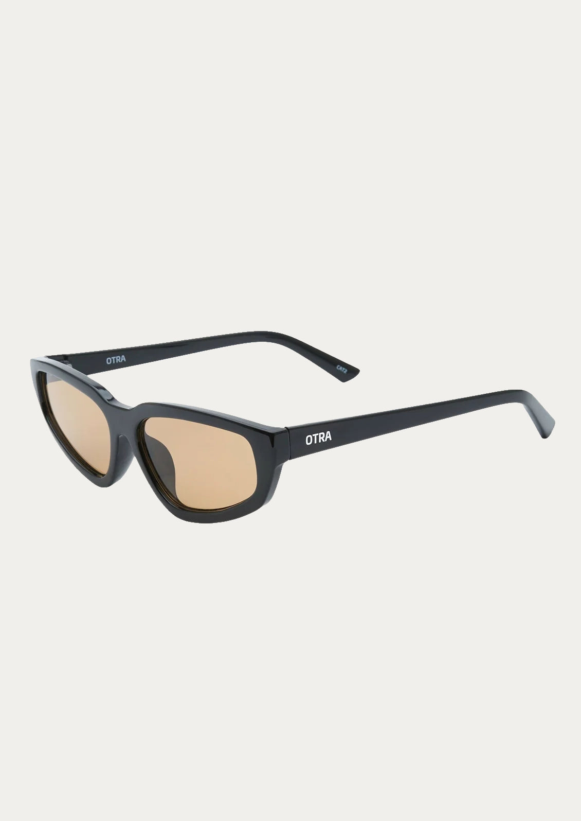 A pair of angular cat eye sunglasses with a black frame and light brown lenses.