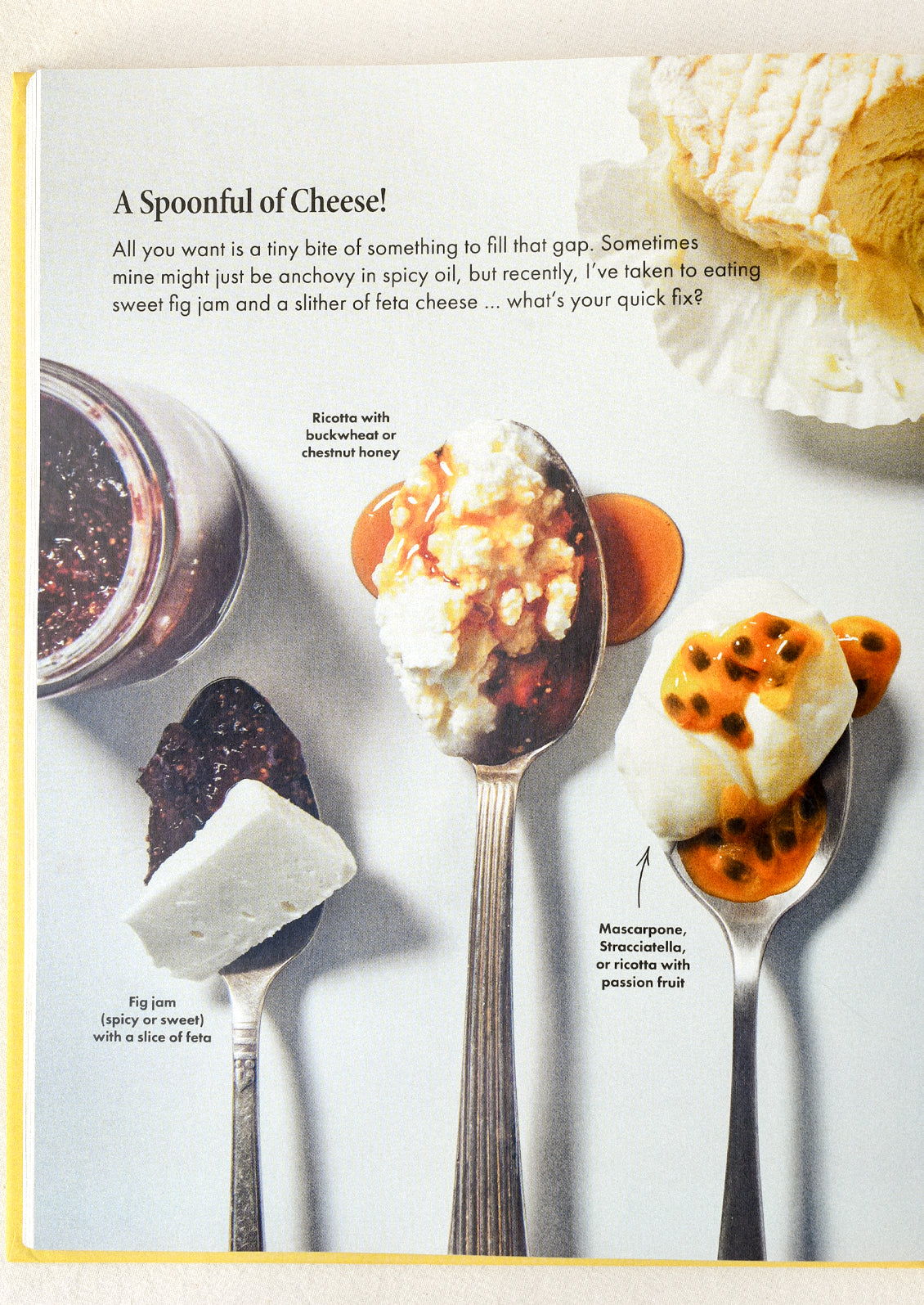 A cookbook open on a table with images of spoons with different types of cheeses.
