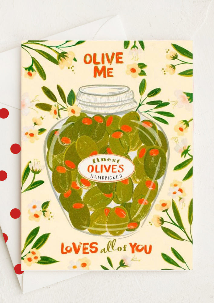 A card with illustration of jar of olives.