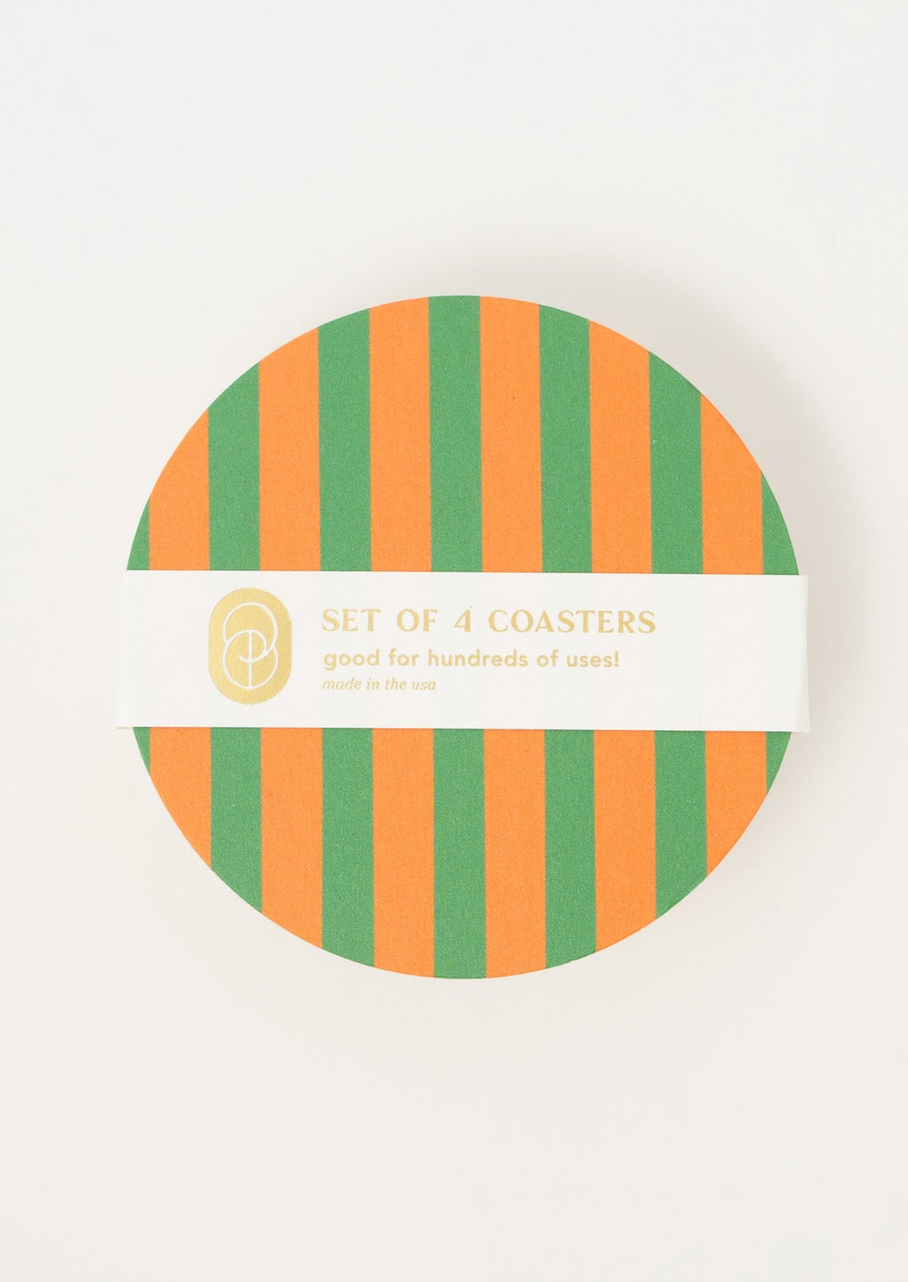 Orange / Green Stripe: Paper coasters in orange and green stripe.