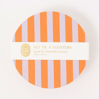 Violet / Orange Stripe: Paper coasters in orange and lavender stripe.