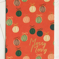 2: A set of red greeting cards with green ornament print, gold lettering reads "merry merry".