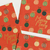 1: A set of red greeting cards with green ornament print, gold lettering reads "merry merry".