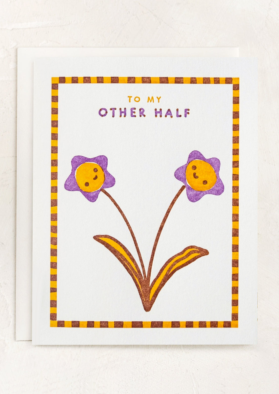 Greeting card with two purple flowers and text 'To my other half' on a white background