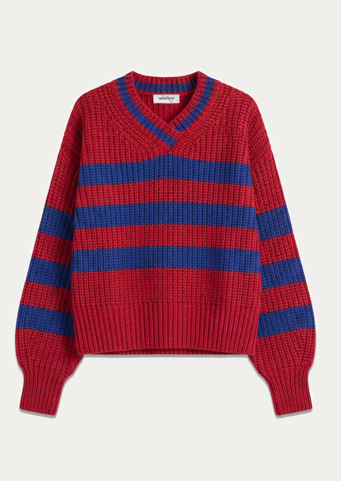 A red and blue horizontally striped knit sweater with a V-neck and balloon sleeves, shown flat against a light gray background.