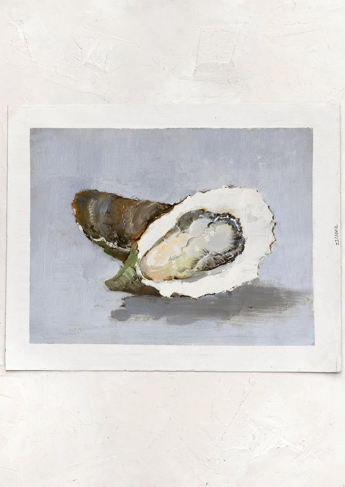 1: An original oil painting of oysters on blue-grey background.