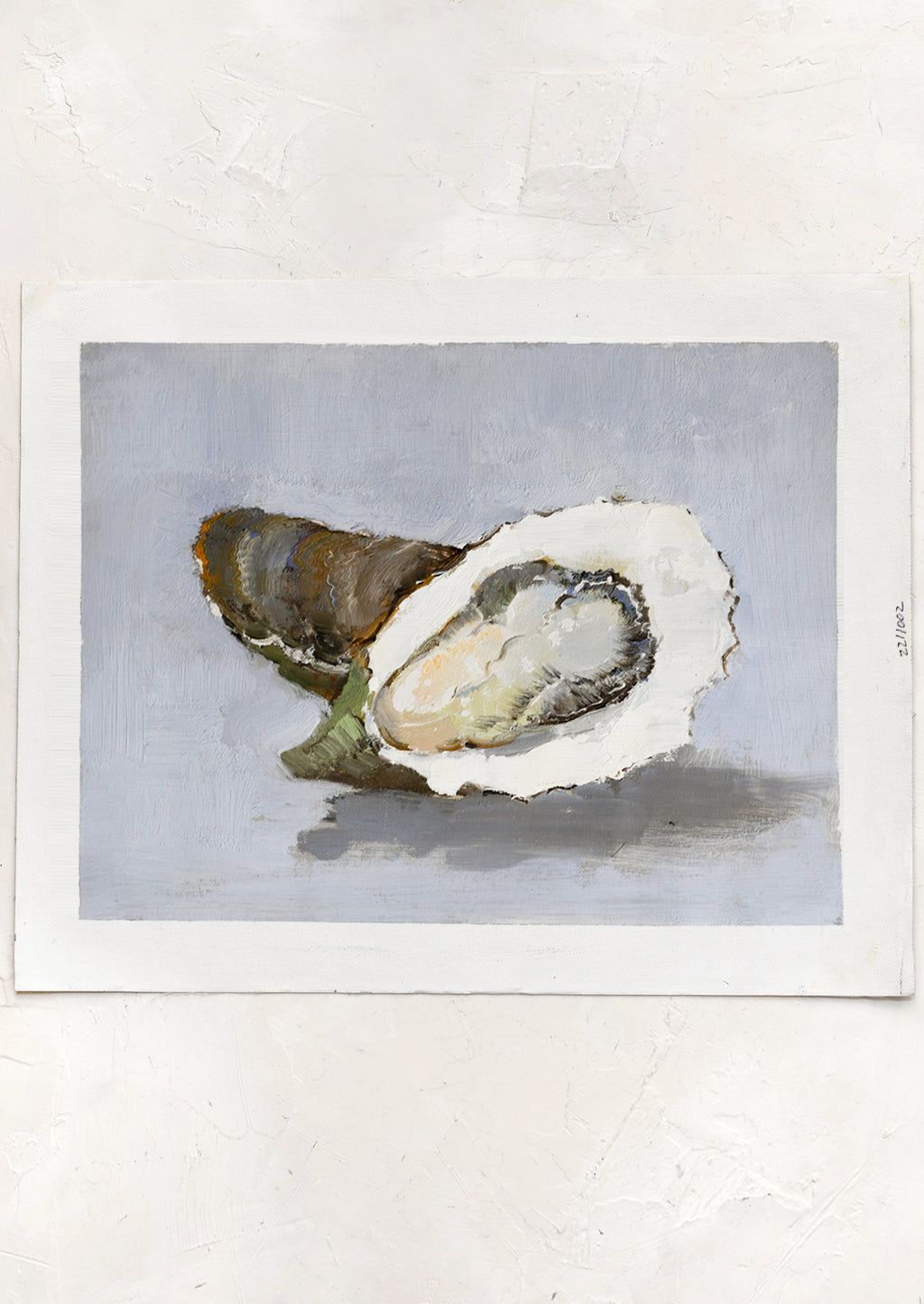 1: An original oil painting of oysters on blue-grey background.