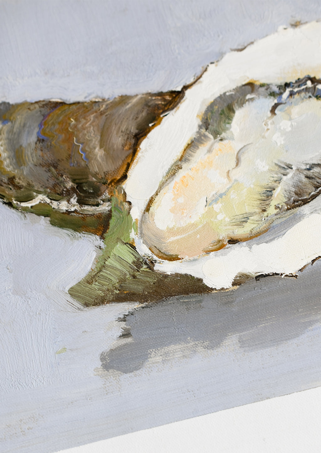 2: An original oil painting of oysters on blue-grey background.