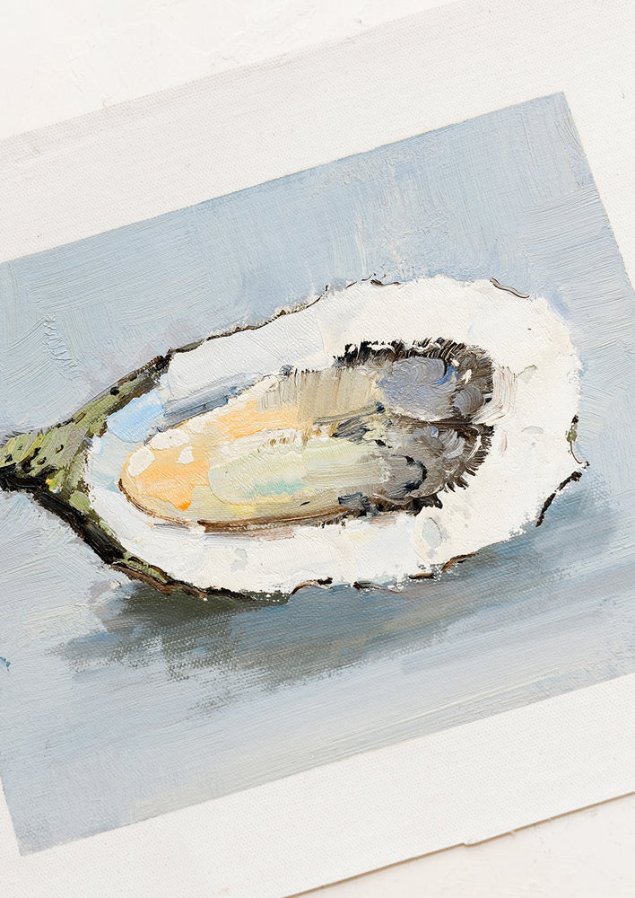An original oil painting of oyster on blue background.