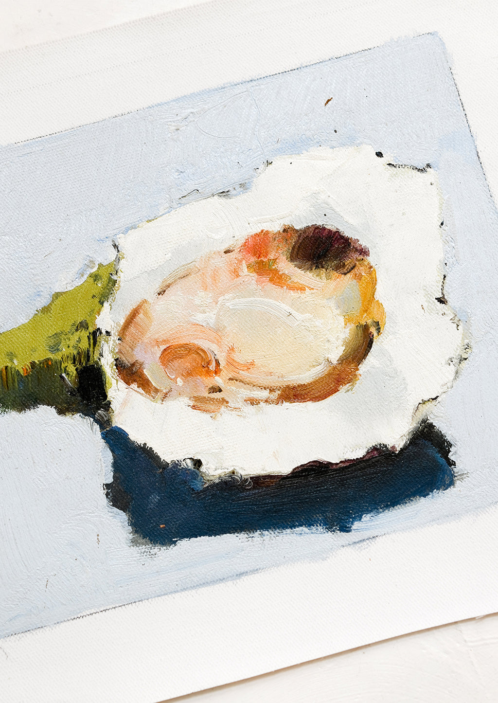 2: An original oil painting of oyster still life on light blue background.