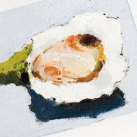 2: An original oil painting of oyster still life on light blue background.