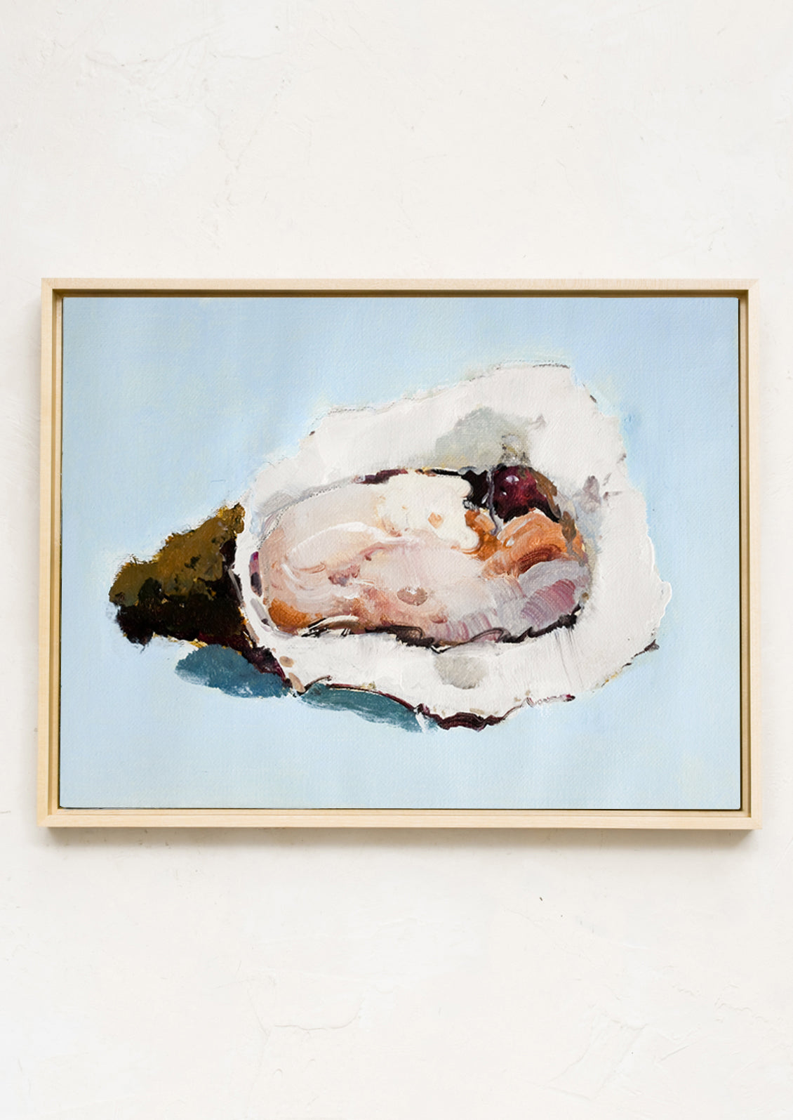 A framed still life painting of an oyster on blue background.
