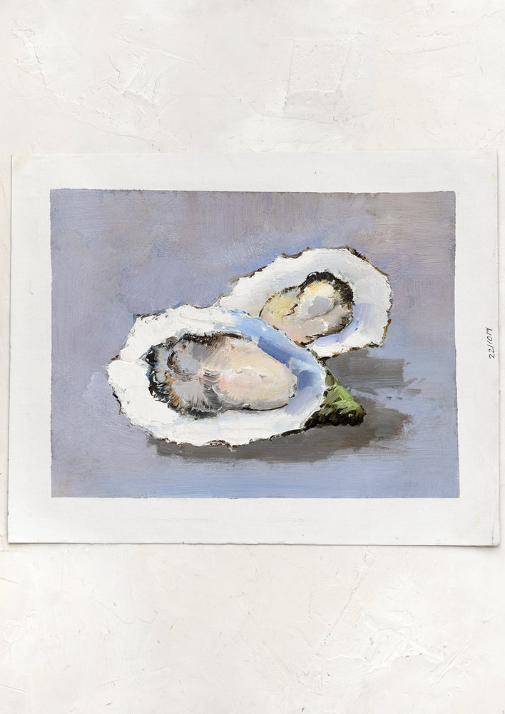 An oyster still life oil painting with blue-grey background.