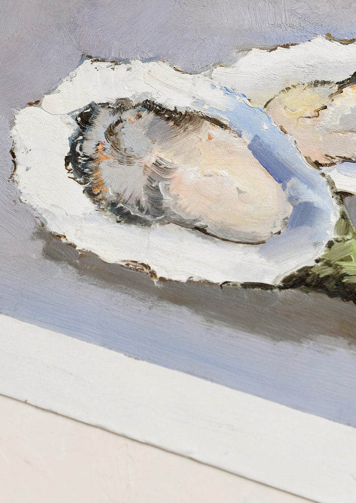 An oyster still life oil painting with blue-grey background.