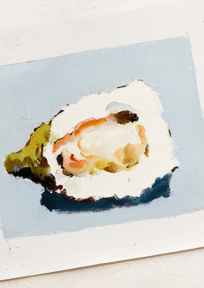 2: An oil painting on unstretched canvas of still life oyster on blue background.
