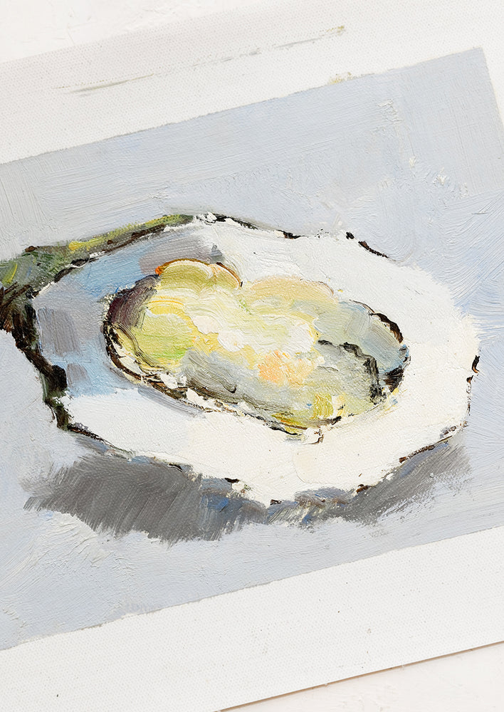 An original oil painting on unstretched canvas of oyster still life on blue background.