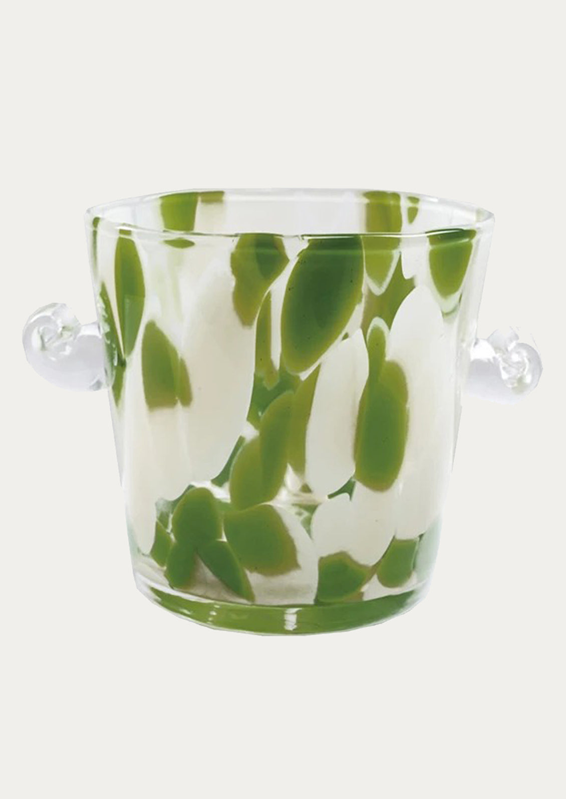 An ice bucket with green and cream color fleck pattern.