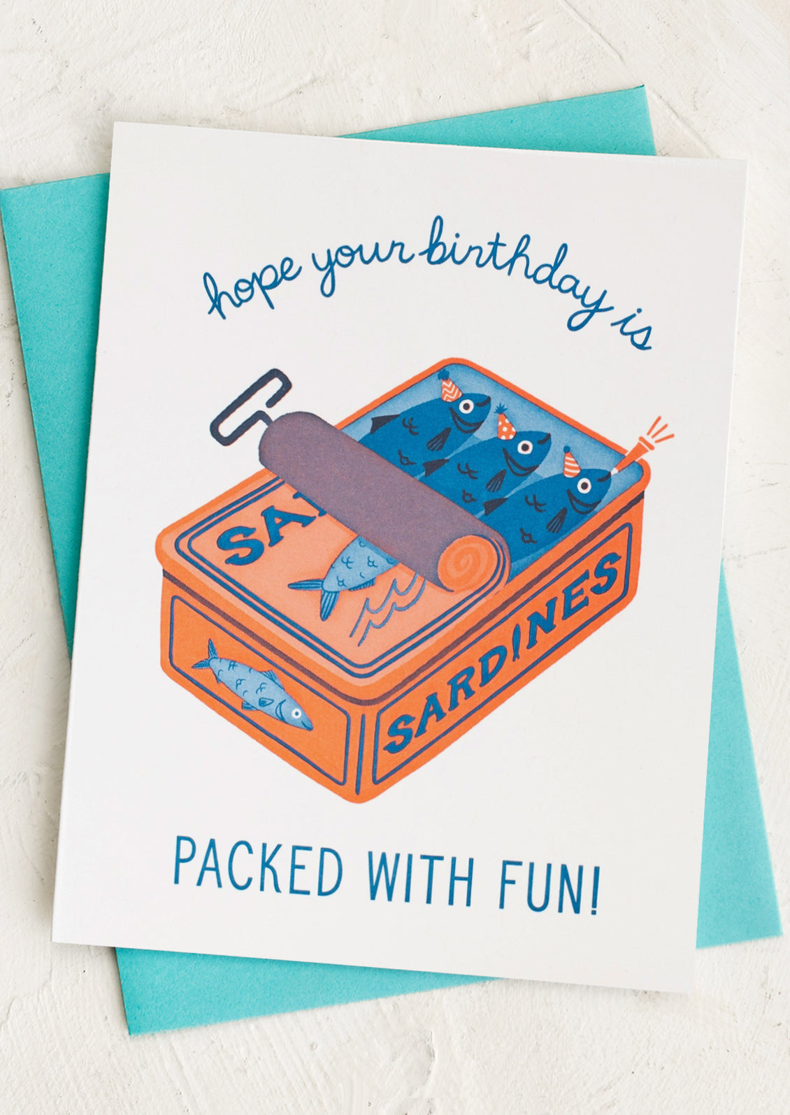 Birthday card with sardine can illustration and text on a white background