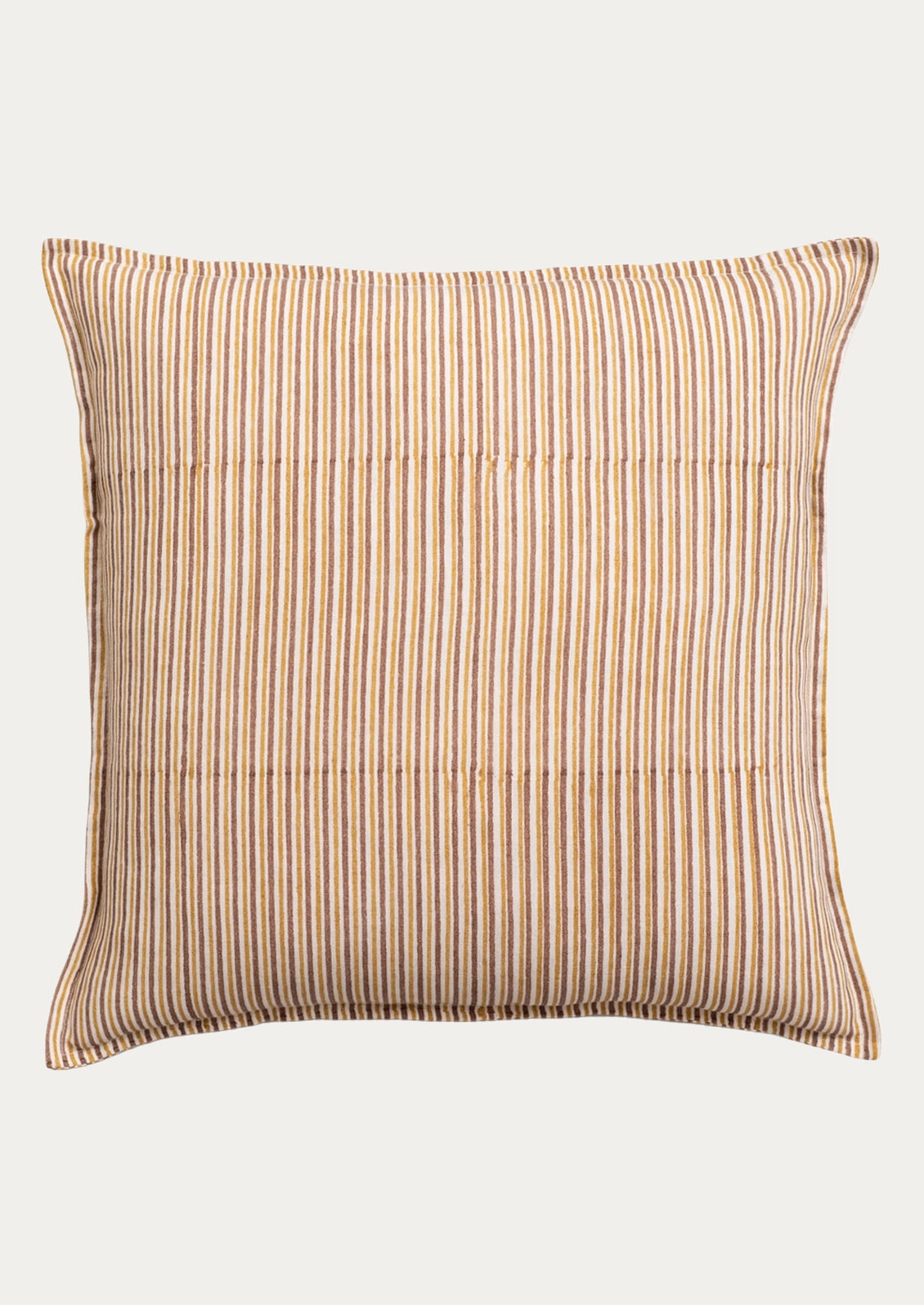 A square throw pillow with a vertical striped pattern in beige and brown.