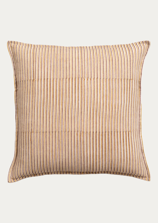 A square throw pillow with a vertical striped pattern in beige and brown.