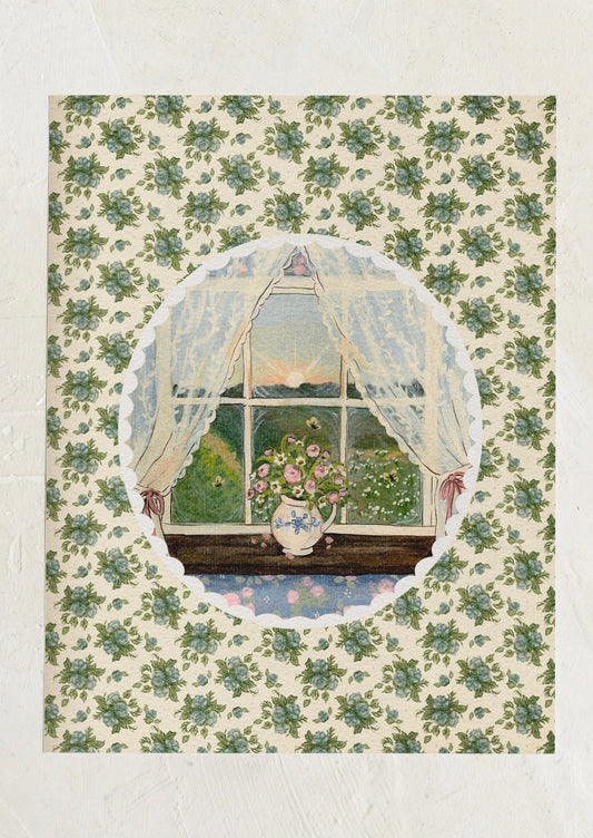 Decorative illustration of a window with floral patterns and a vase of flowers, framed by floral wallpaper.
