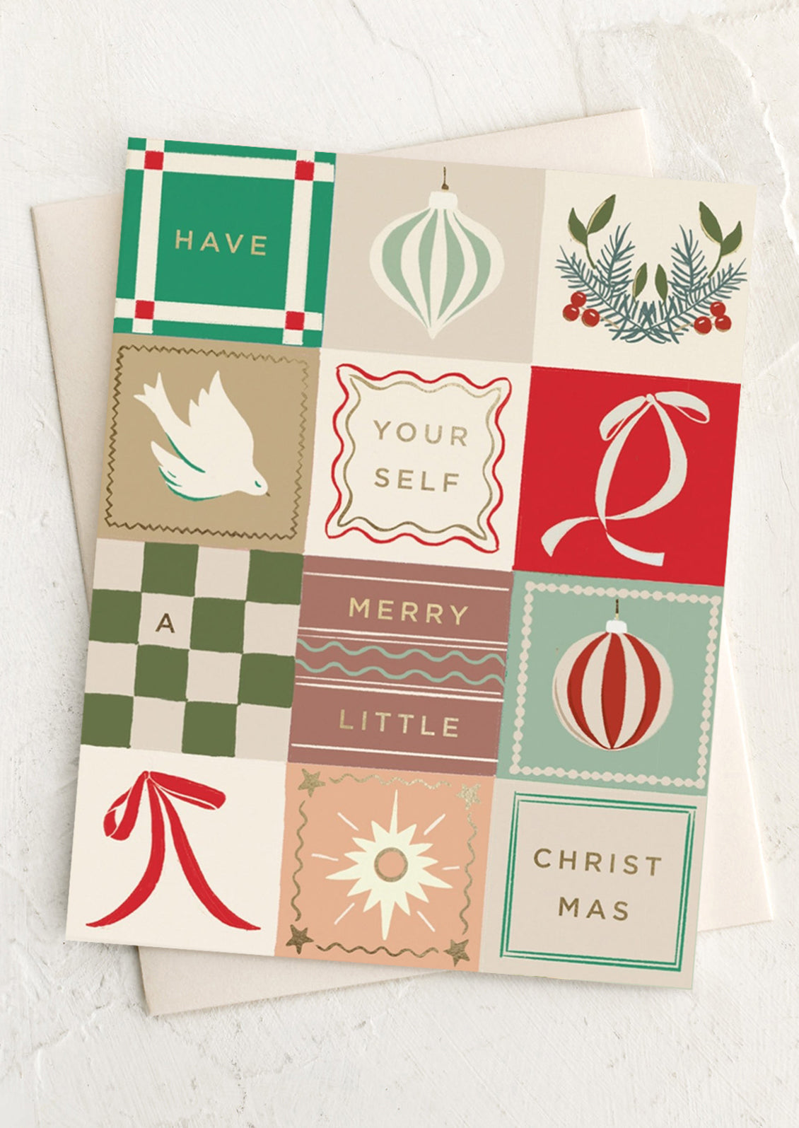 Decorative Christmas card with festive designs and text on a white background