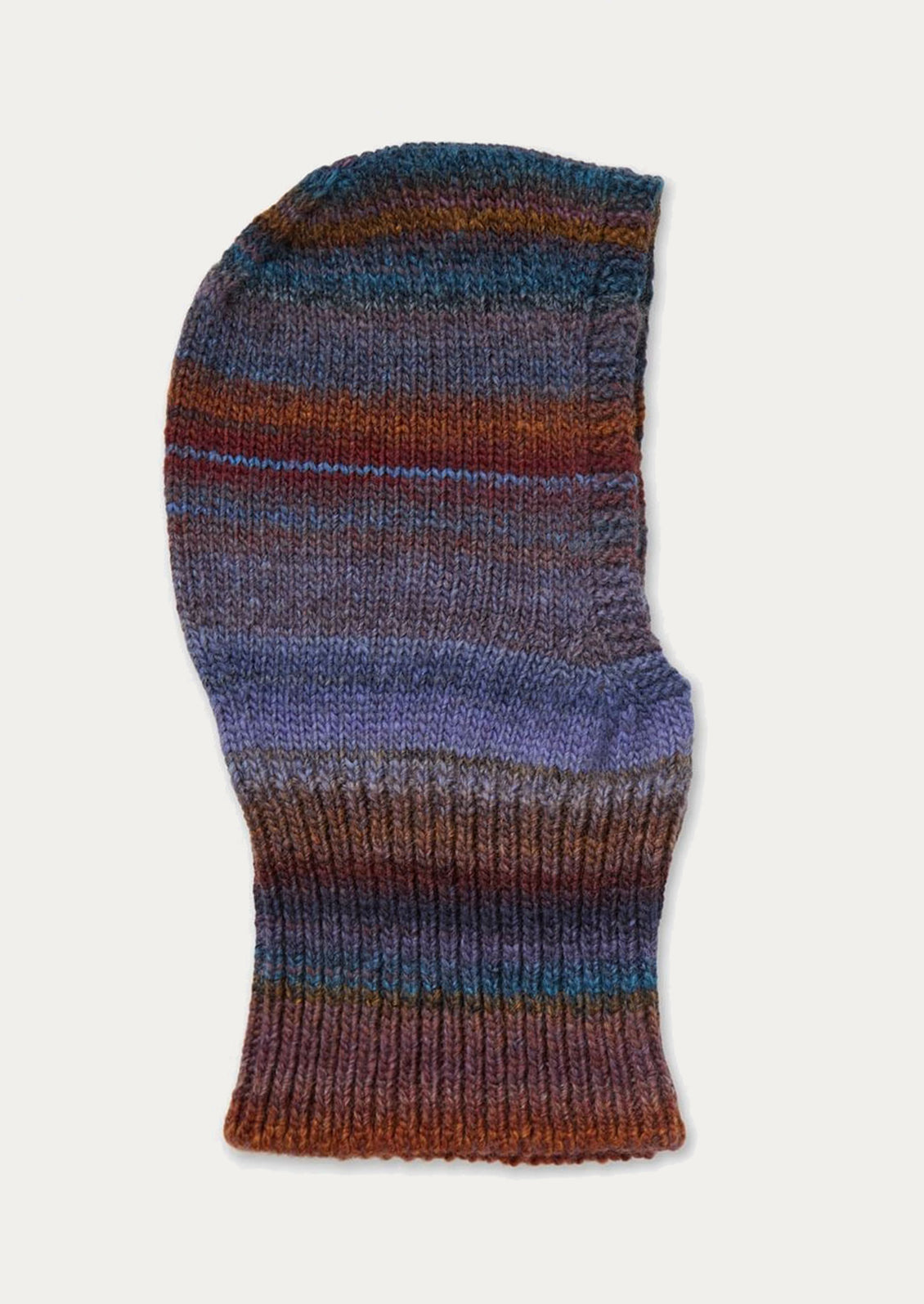 Knitted balaclava with multicolor stripes on a light gray background