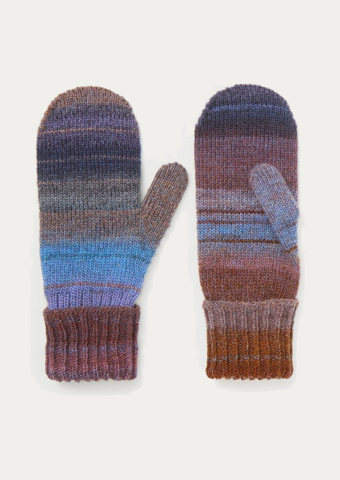 Pair of striped mittens on a white background