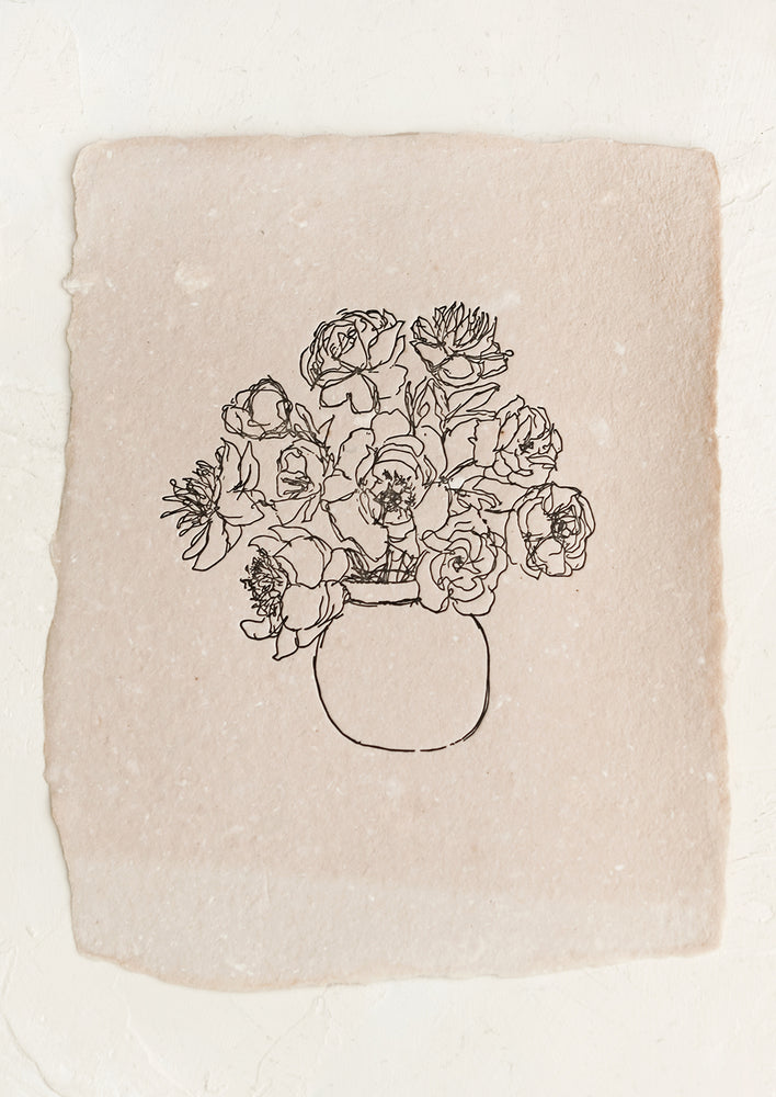 An art print made from blush handmade paper with letterpressed image of peonies in vase.