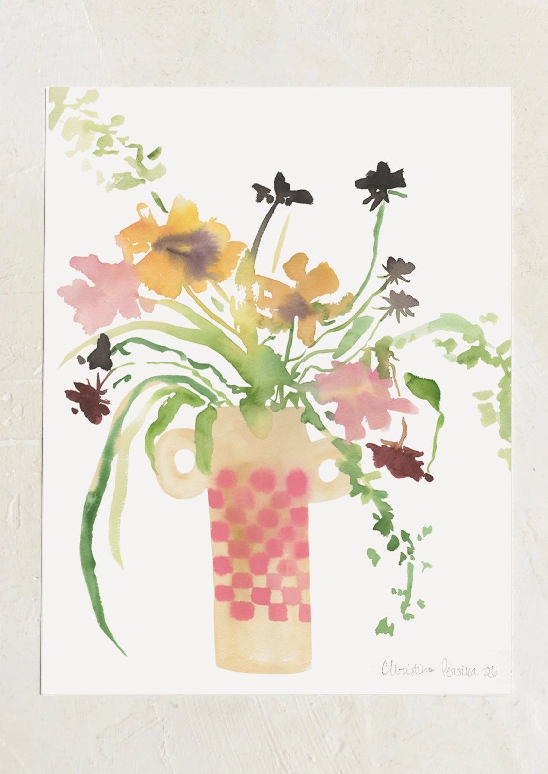 An art print featuring watercolor painting of flowers in a pink and tan checkered vase.
