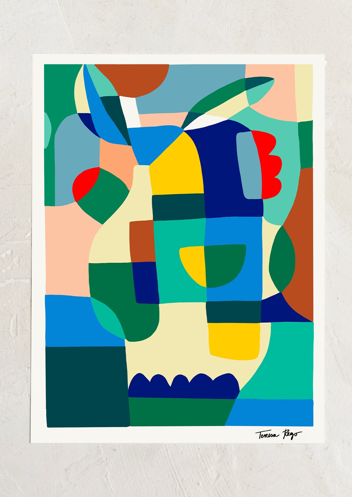 Abstract art print with colorful geometric shapes on a light gray background.