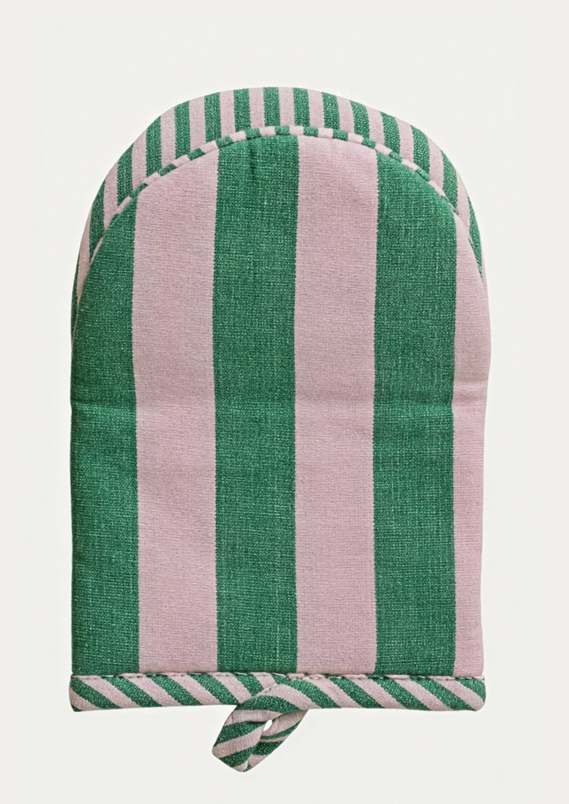 Striped oven mitt with green and pink vertical stripes on a white background