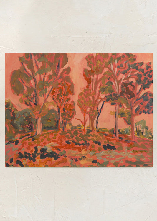 Artistic depiction of a forest scene with trees and foliage on a textured white background