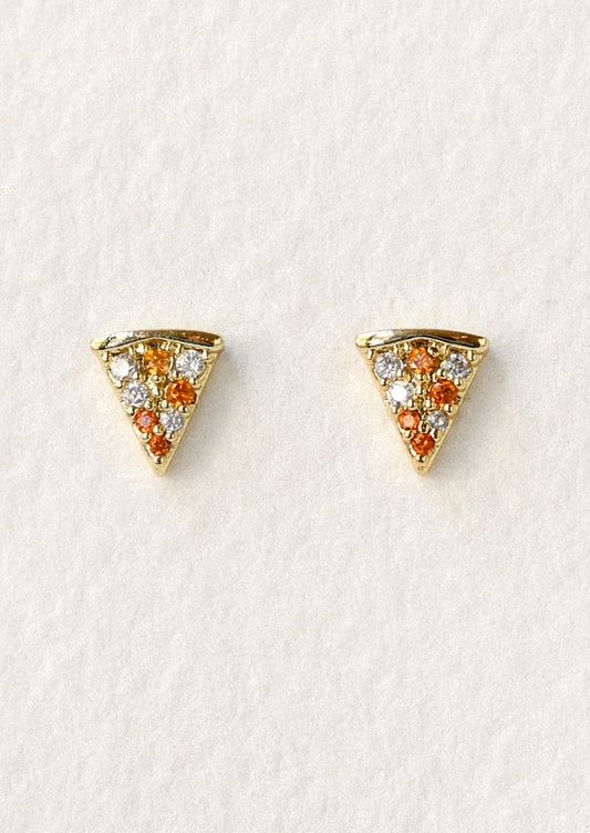 A pair of gold studs in the shape of pizza slices with red gems as the pepperonis.