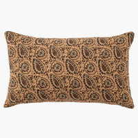 1: A lumbar throw pillow in peach paisley block print pattern.