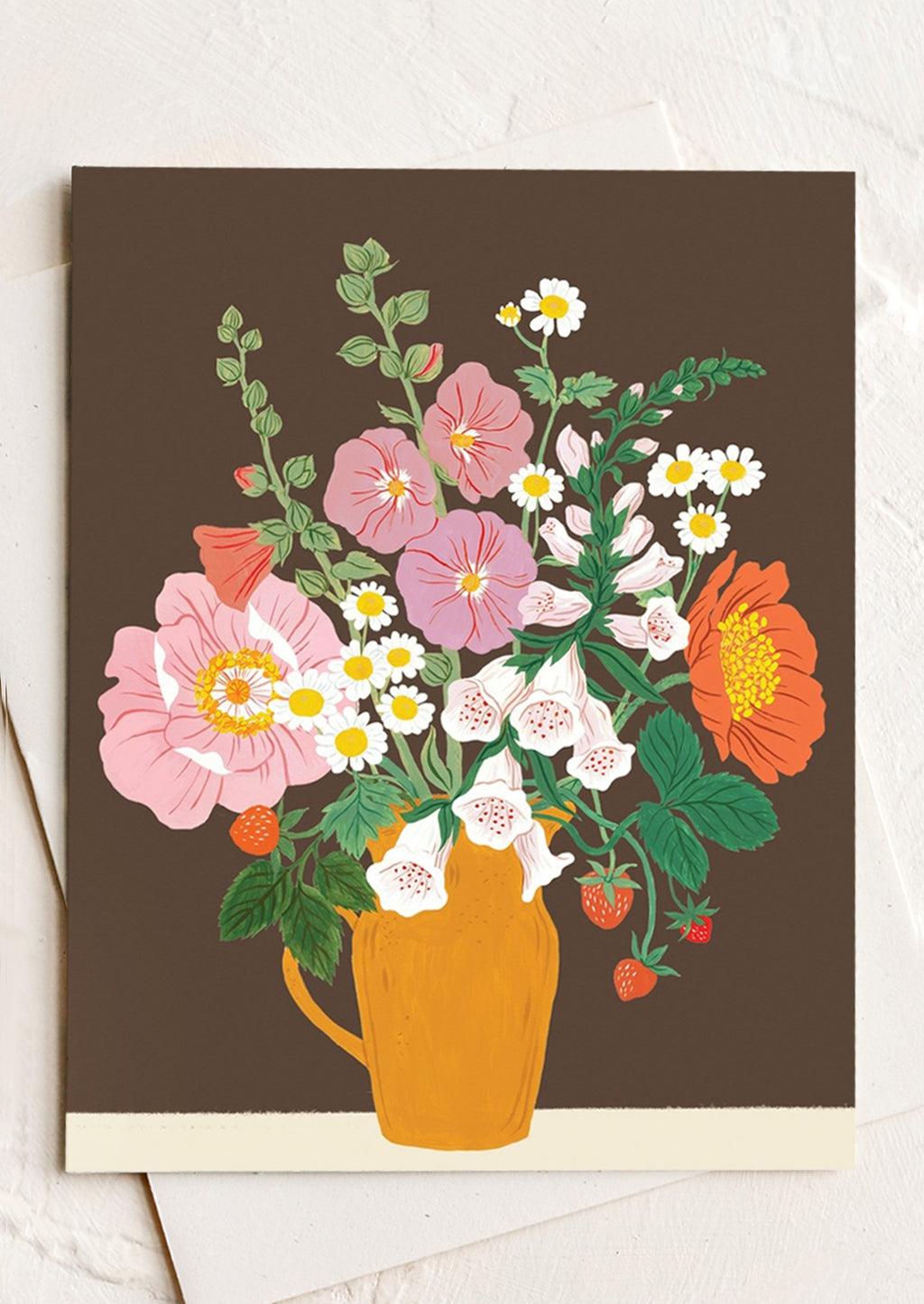 1: A greeting card with floral arrangement on brown background.