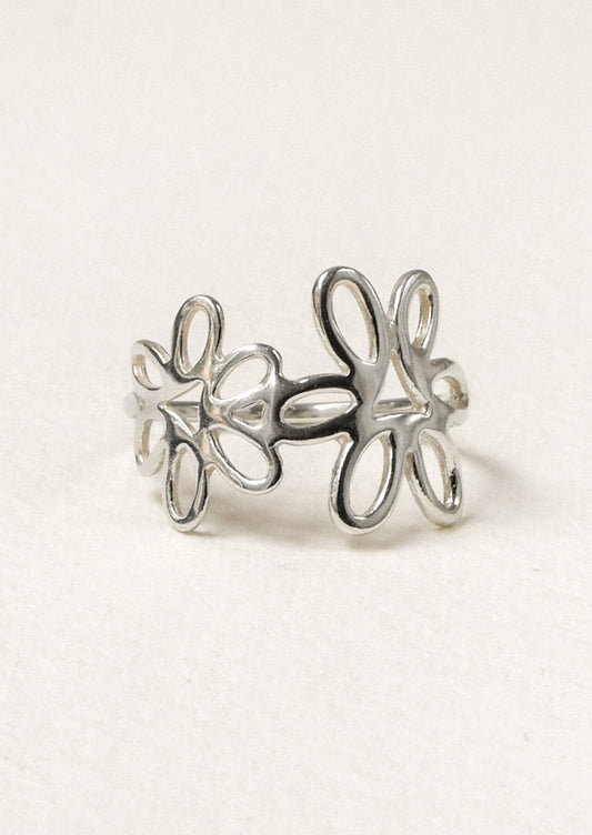 A sterling silver ring with a floral design.