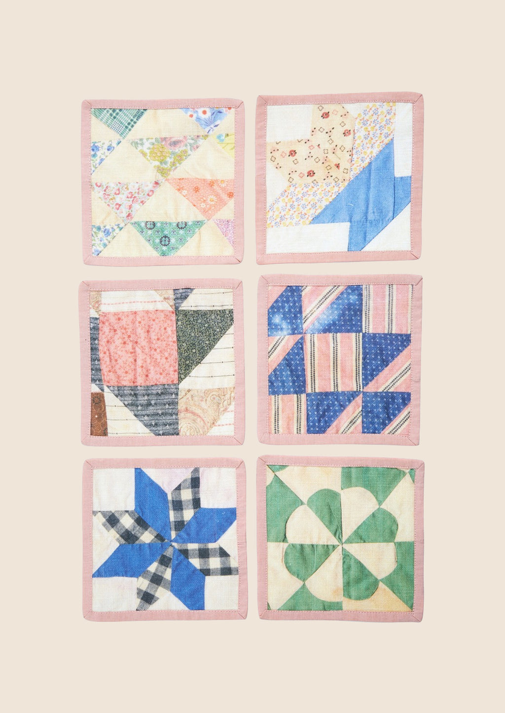 2: A set of quilt printed square cocktail napkins in 6 different patterns.