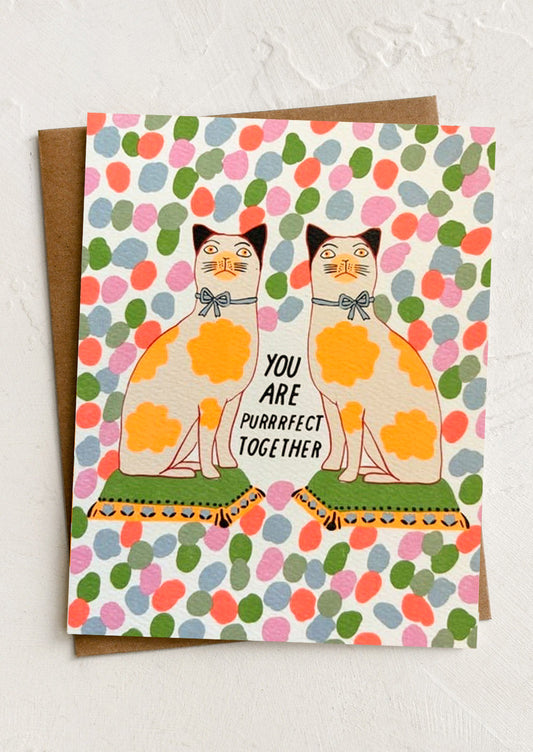 Card with two cats and text 'You are purrfect together' on a polka dot background