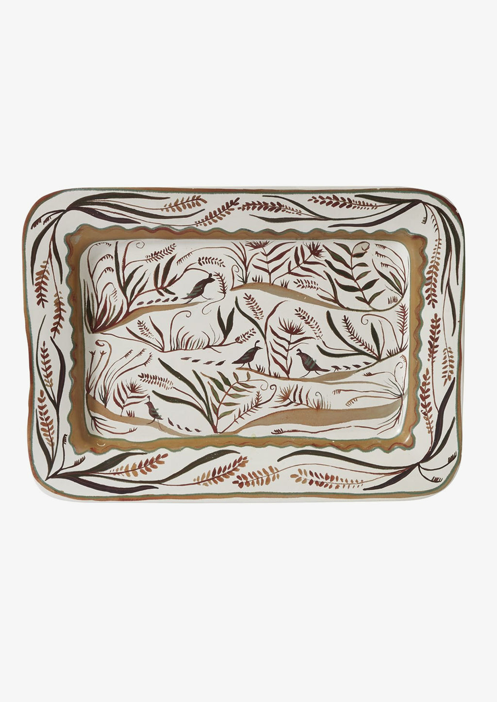 2: A rectangular ceramic platter with quail and nature pattern in brown.