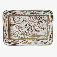 2: A rectangular ceramic platter with quail and nature pattern in brown.